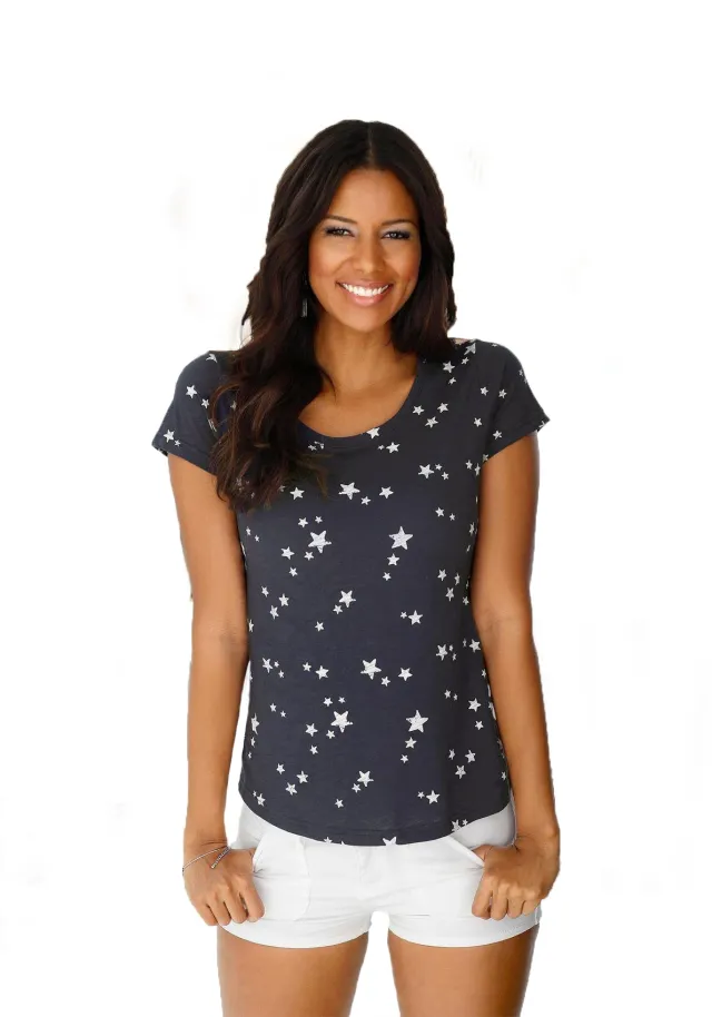 Women's Casual Versatile Print Round Neck Short sleeved T shirt Top Blue - Shop at LoveMi