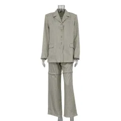 Striped Loose Suit & High Waist Pants Suit - Khaki - View 1