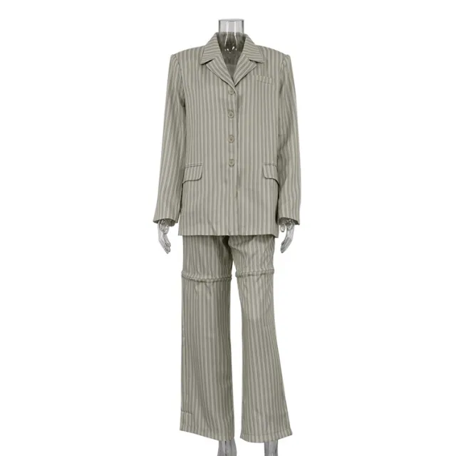 Striped Loose Suit & High Waist Pants Suit Khaki - Shop at LoveMi