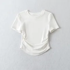 Spring Slim-fitting Top Drawstring Round Neck T-shirt - White - View 1