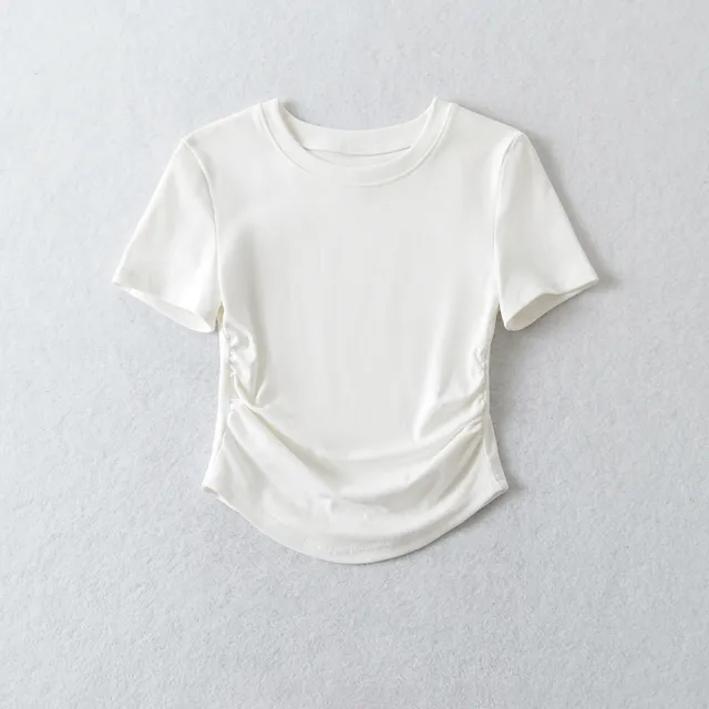 Spring Slim fitting Top Drawstring Round Neck T shirt White - Shop at LoveMi