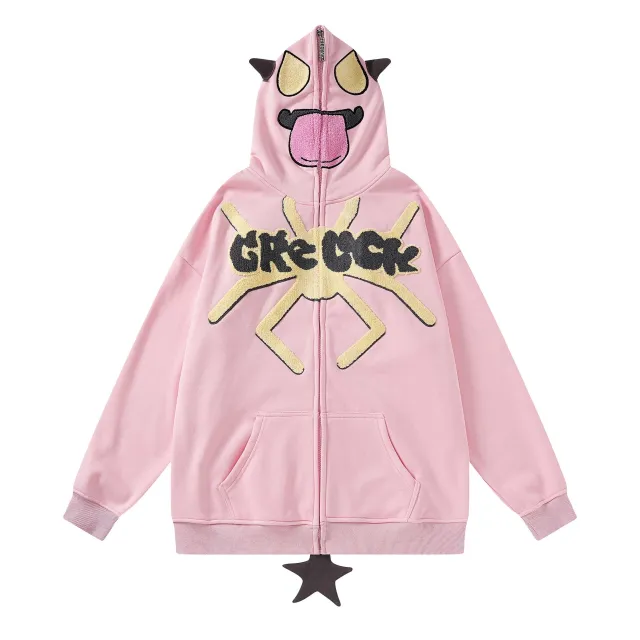 Cartoon Spider Letter Towel Embroidery Hooded Cardigan Sweater Pink - Shop at LoveMi