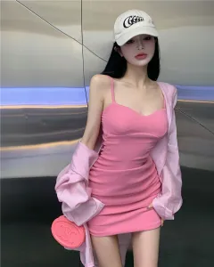 French Hipster Style Green Suspenders Dress - Pink - View 1