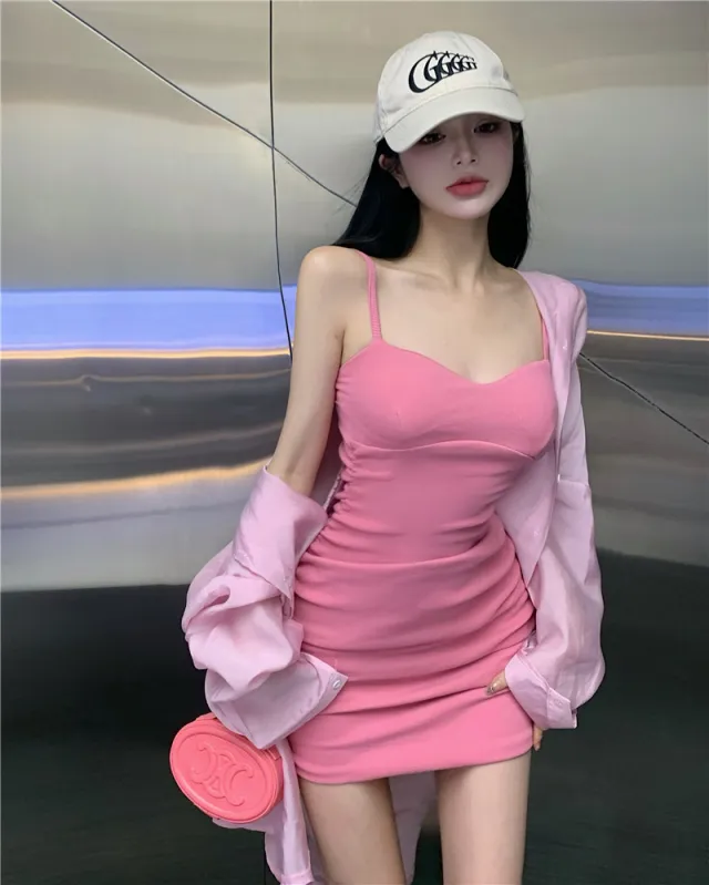 French Hipster Style Green Suspenders Dress Pink - Shop at LoveMi