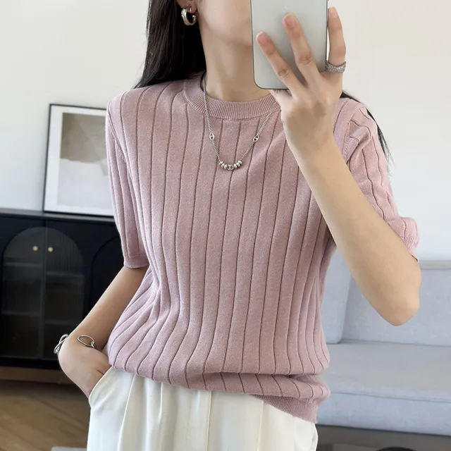 Round Neck Cotton Knitted Short Sleeve Vertical Stripe Elegant Top Pink - Shop at LoveMi