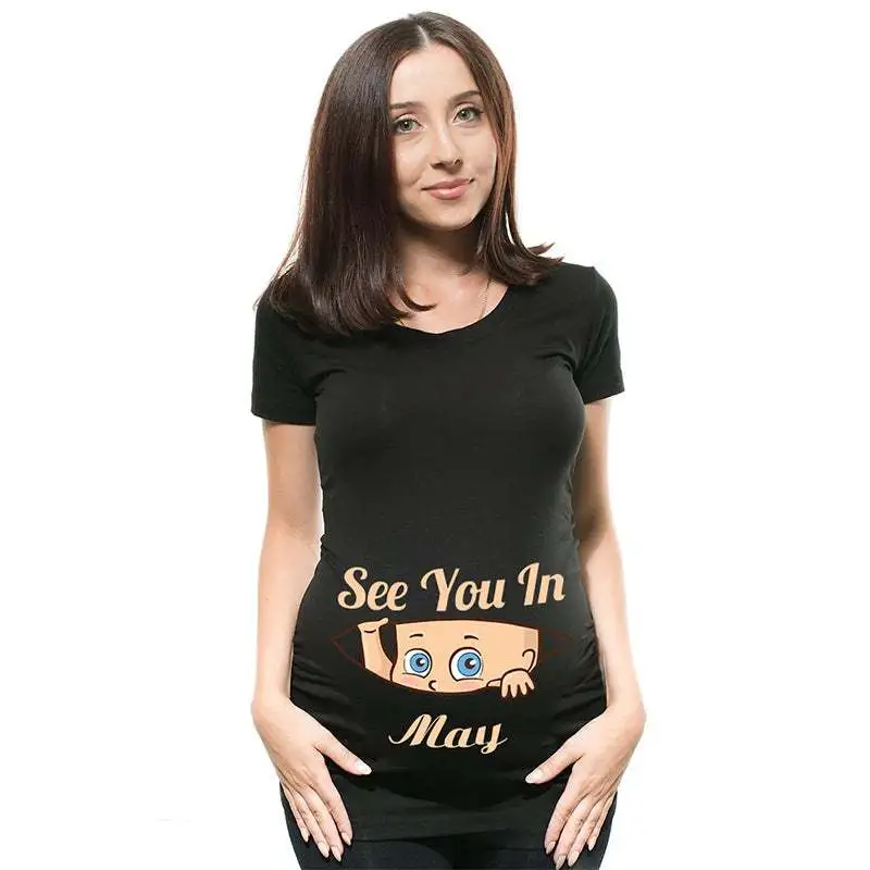 Women's Maternity Clothes Black Short-sleeved T-shirt - May