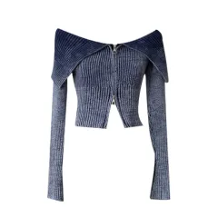 Autumn And Winter New Slim Vertical Striped Long Sleeve Knitted Cardigan Top Off-the-shoulder Cropped Sweater Coat - Royal Blue - View 1