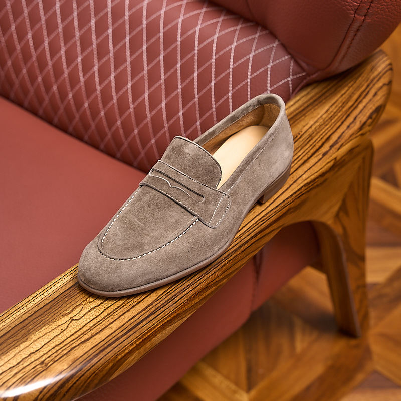Men's Suede Penny Loafers - suede texture, penny strap and stitched apron toe detail