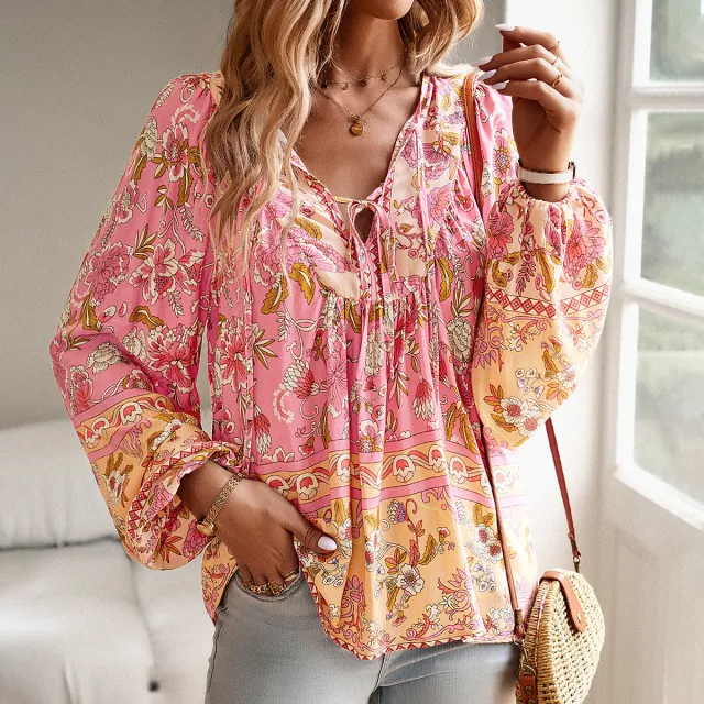 European And American Printed Autumn And Winter Vacation Casual Shirt Pink - Shop at LoveMi