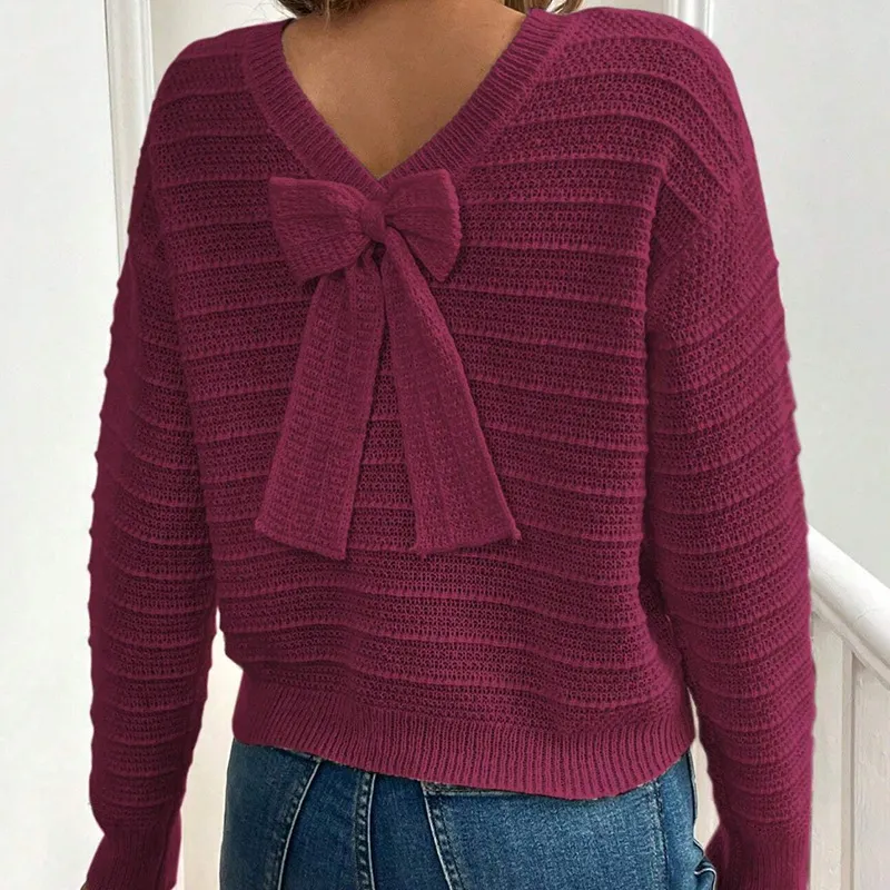 Round Neck Back Bow Design Gentle All-match Sweater - Red