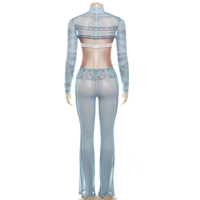 Title 16, Denim Printing Mesh See-through Jumpsuit