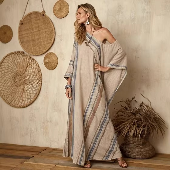 Printed V-Neck Three-Quarter Sleeve Long Kaftan Dress