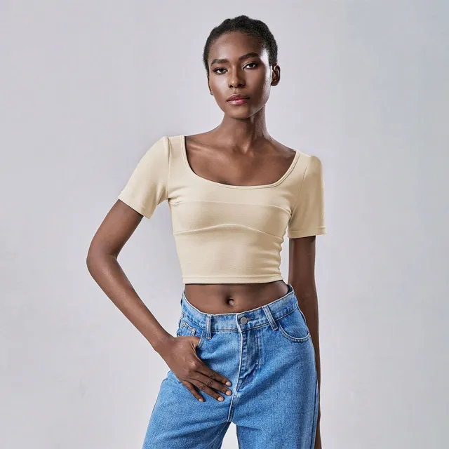 Cropped Midriff baring Design Short sleeve Top Apricot - Shop at LoveMi