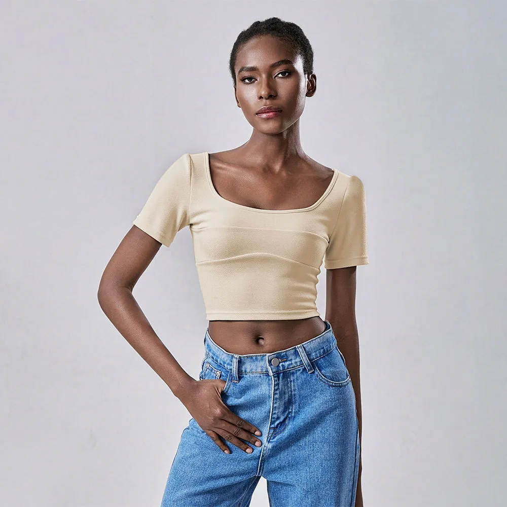 Cropped Midriff-baring Design Short-sleeve Top - Apricot