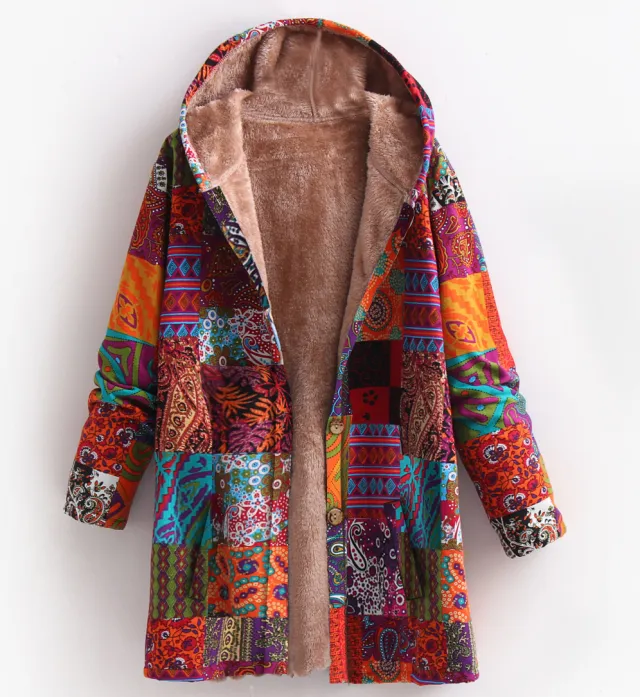 Women's Cotton And Linen Printed Hoodie Warm Plush Coat Yellow - Shop at LoveMi