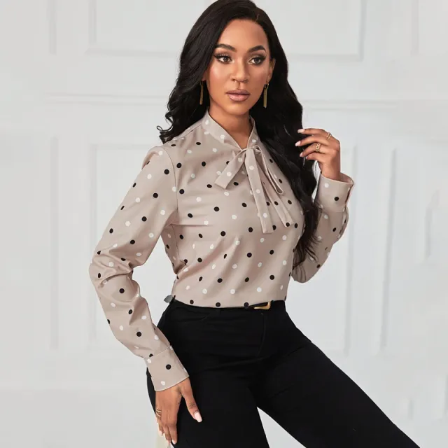 V neck Polka Dot Lace up Fashion Elegant Loose Top Khaki - Shop at LoveMi