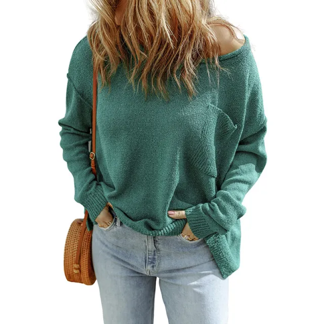 Solid Color Sweater Women's European And American Leisure style Thread Knitted Long Sleeve Green - Shop at LoveMi