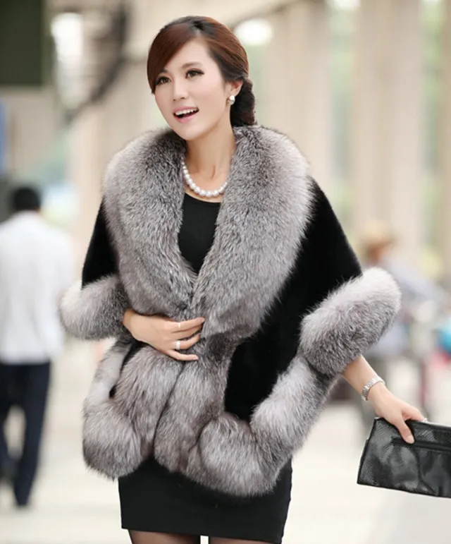 Women's Fur Talma Fur Warm Rabbit Fur Coat Gray Black - Shop at LoveMi