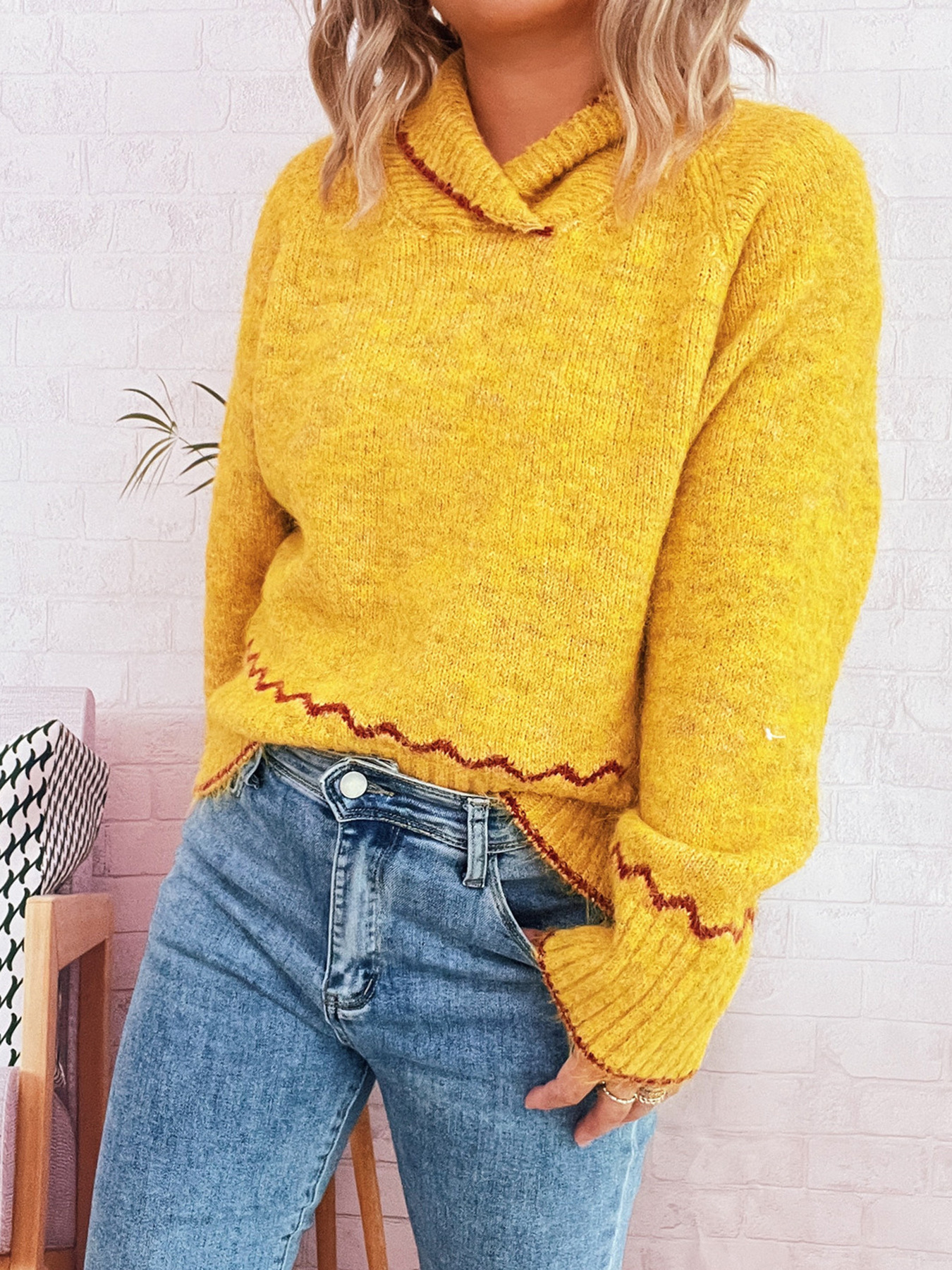 Simple Commute Half Turtleneck Lapel Contrast Color Knitted Pullover Sweater