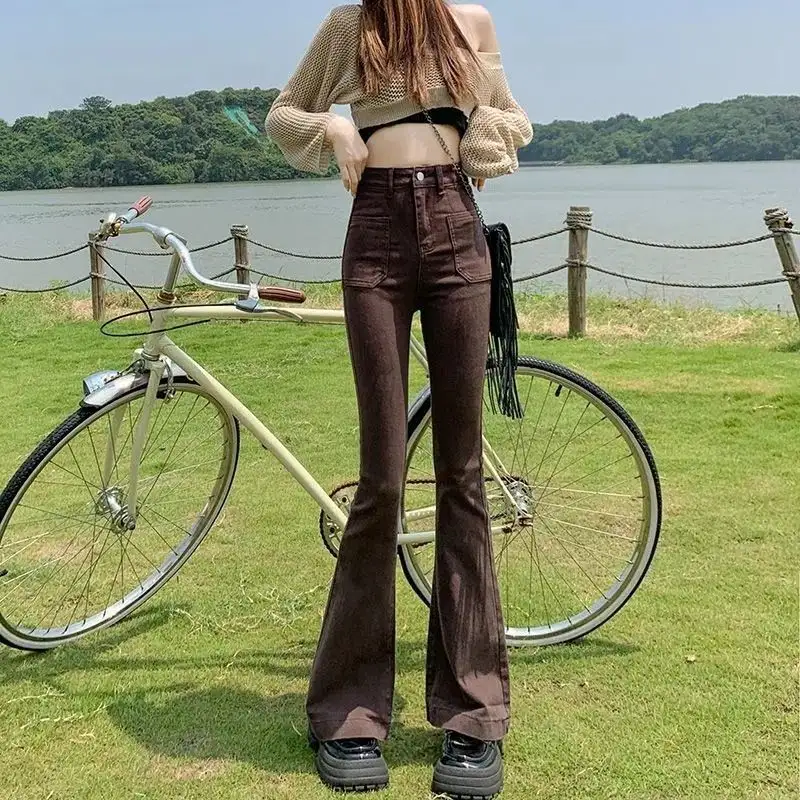 Stretchy High Waist Slimming Design Sense High Street Bell-bottom Pants Tide