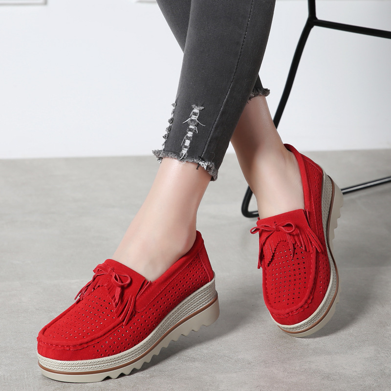 Women's Suede Leather Hollow-out Wedge Sandals With Platform Heels