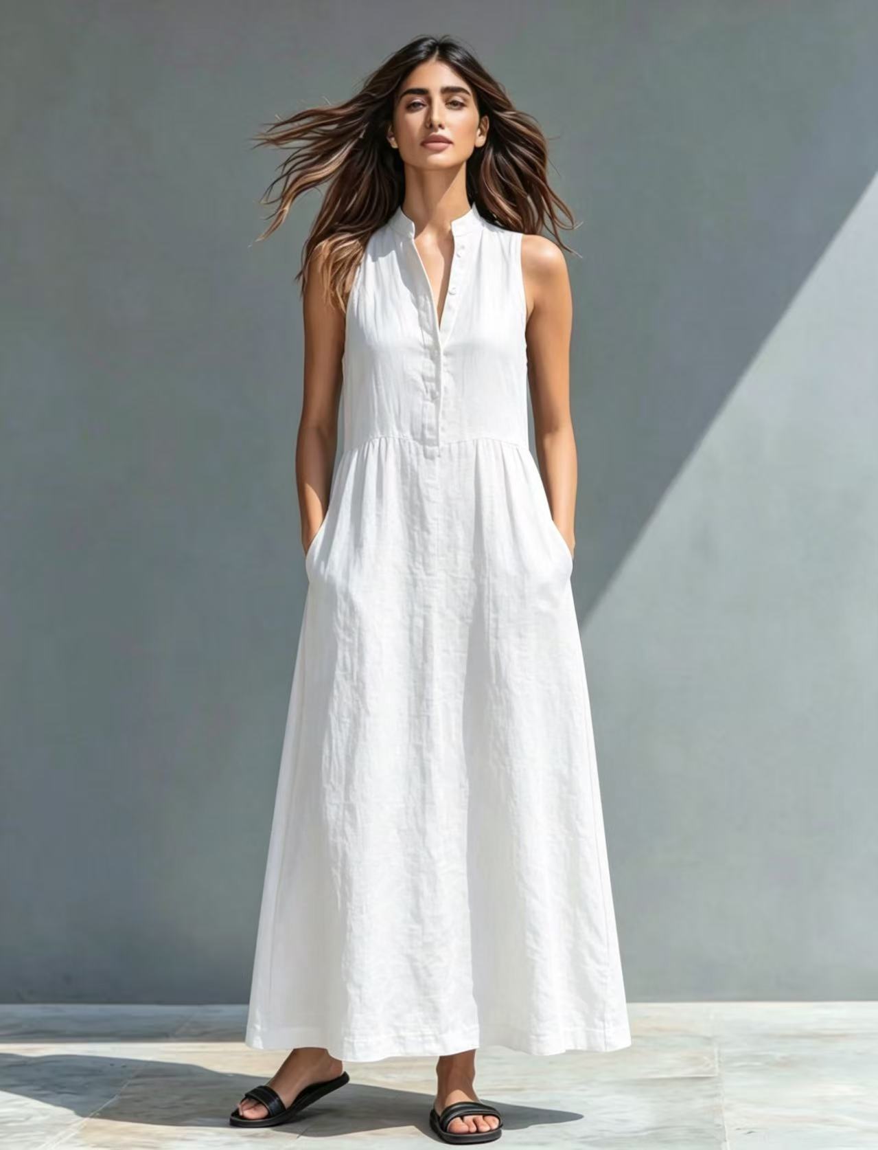 Women's Sleeveless Stand-Collar Maxi Dress in White – resort beach vacation style