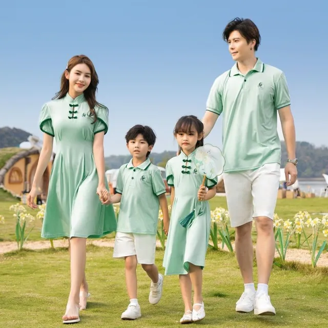 Hanfu Parent child Clothing Short Sleeve Dress Suit Light Green - Shop at LoveMi