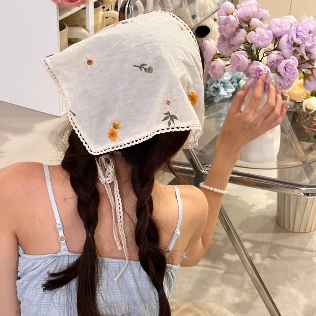Irregular Embroidery Bellis Perennis Sweet Cotton And Linen Niche Female Hair Band Headscarf Headscarf - Shop at LoveMi