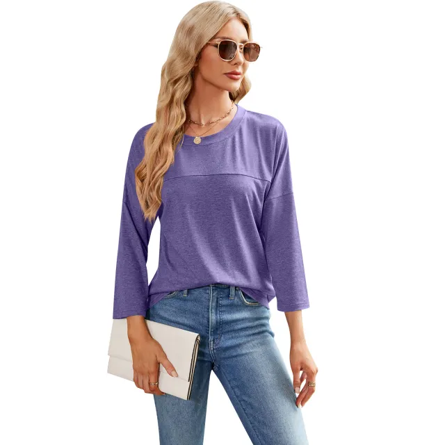 Solid Color Women's Casual Round Neck Loose T shirt Light Purple - Shop at LoveMi