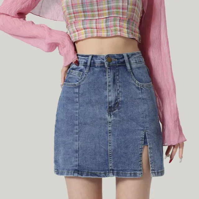 High Waist Denim Half length Slim Slimming Hip Skirt Blue - Shop at LoveMi