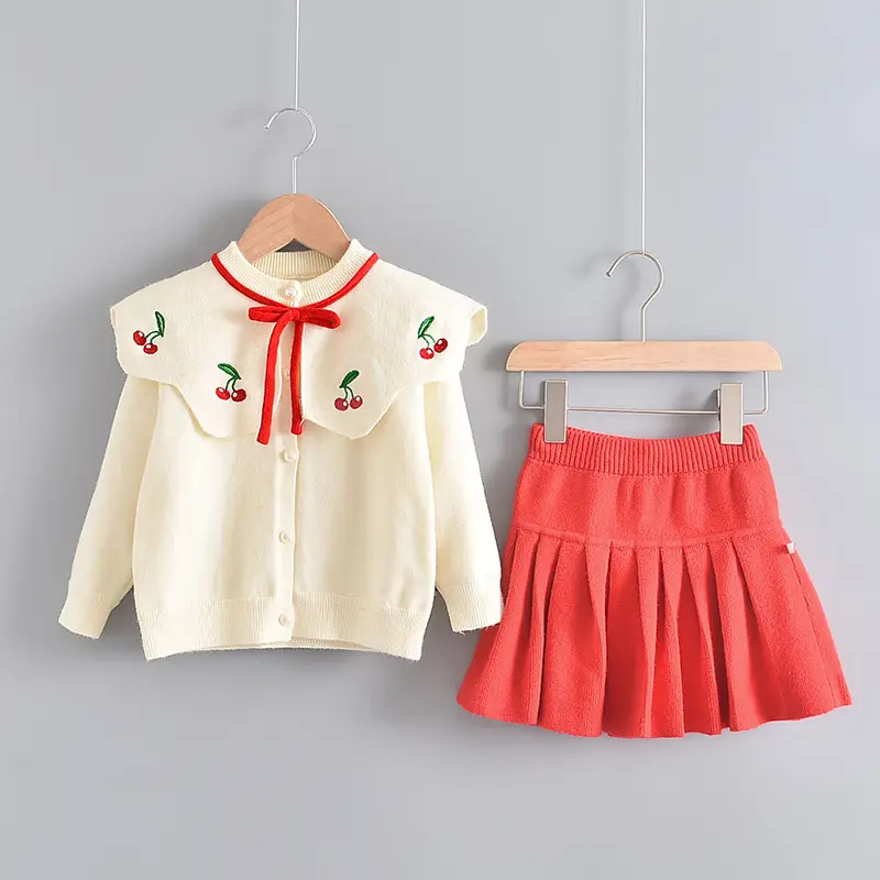 Western Style Knitted Two-piece Sweater Children Cute Long Sleeve Suit Skirt