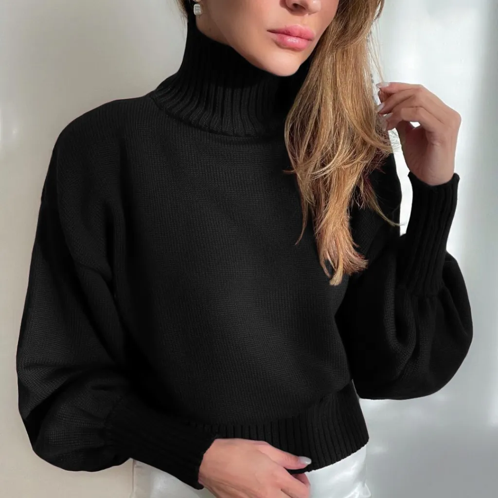 Solid Color Puff Sleeve Turtleneck Fashion Casual Sweater - Black