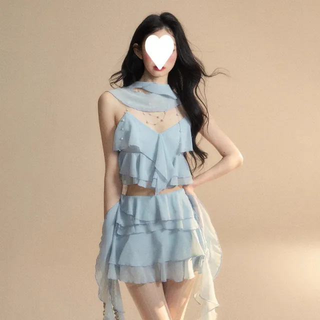 Sling Top Skirt Two piece Set Elegant Seaside Blue - Shop at LoveMi