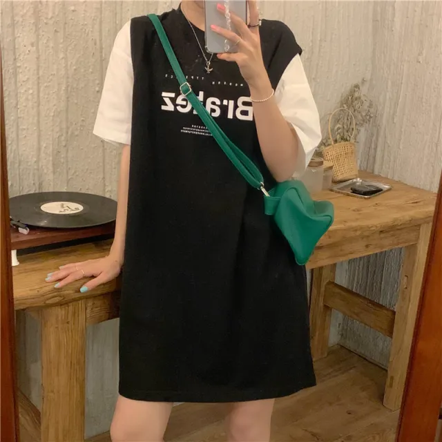 Loose Large Size Letters Printed Fake Two piece Dress Short Sleeve Black - Shop at LoveMi