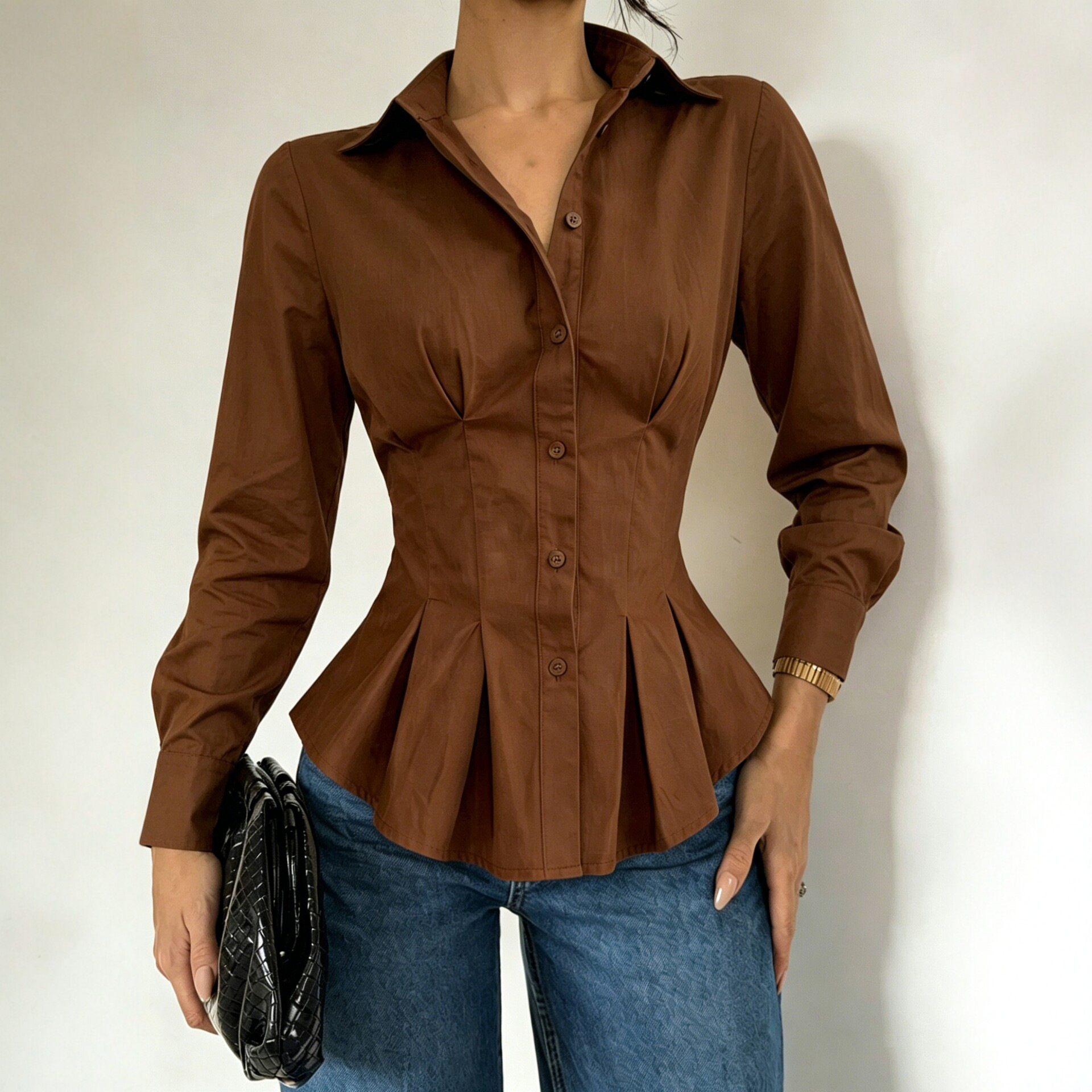Fitted-waist Long-sleeve Shirt With Pleated Waist Detailing