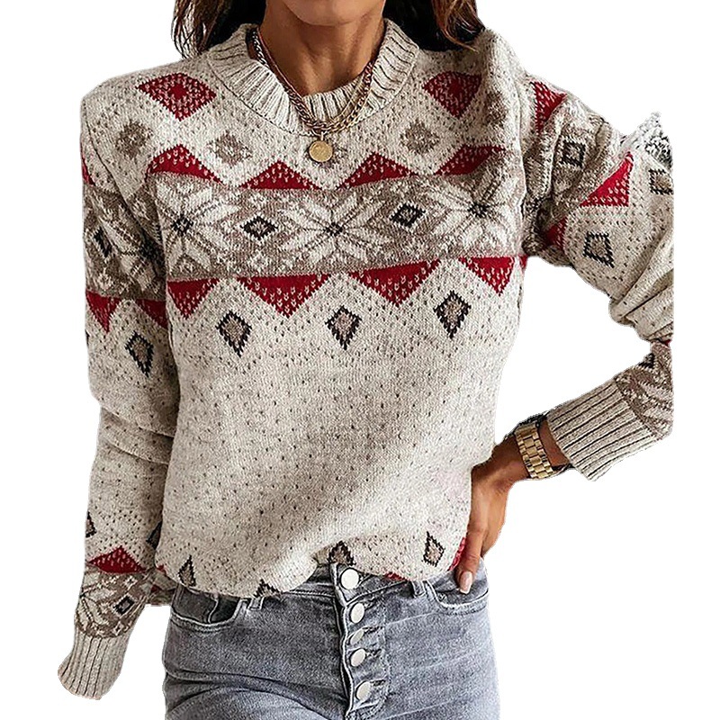 Geometric Rhombus Contrast Color Sweater Warm