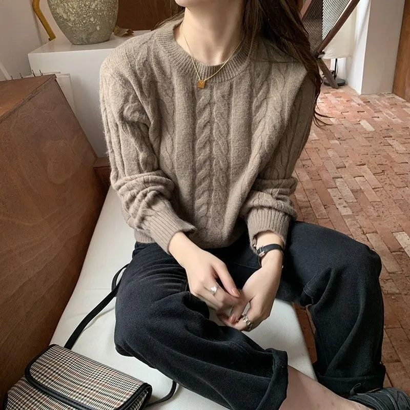 Women's Retro Twist Round Neck Sweater Western Style Leisure Loose Pullover - Camel