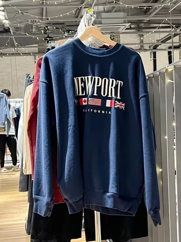 Round Neck Letter Embroidery Loose Pullover Sweatershirt Long Sleeve Coat Blue - Shop at LoveMi