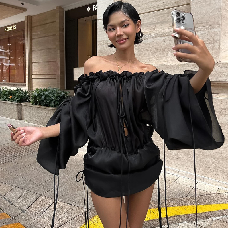 New sexy one-shoulder pleated tube top lantern long-sleeved hip dress for women