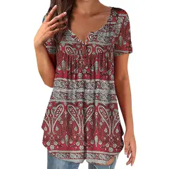 Women's Clothing Summer Fashion New Tops Digital Printing Casual Trend Short Sleeve Henley Shirt - Red - View 1