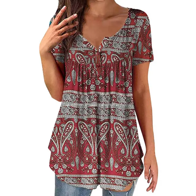Women's Clothing Summer Fashion New Tops Digital Printing Casual Trend Short Sleeve Henley Shirt Red - Shop at LoveMi