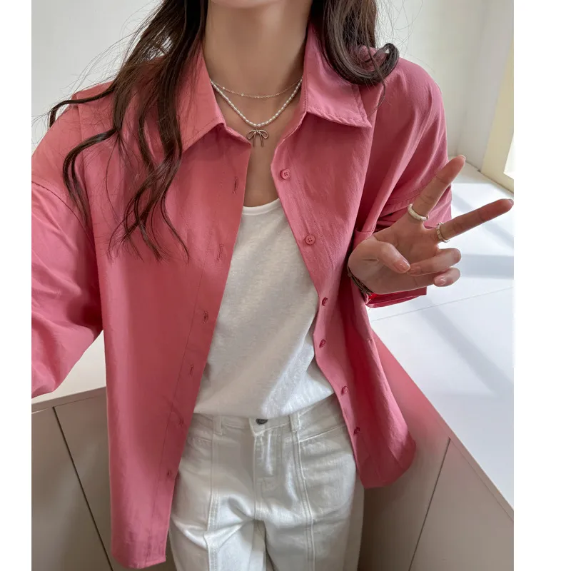 Korean Style Women's Loose Casual Plus Size Shirt - Raspberry Powder