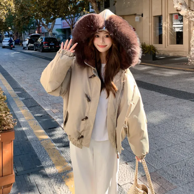 Big Fur Collar Hooded Horn Button Cotton padded Jacket Women's Casual Loose Khaki - Shop at LoveMi