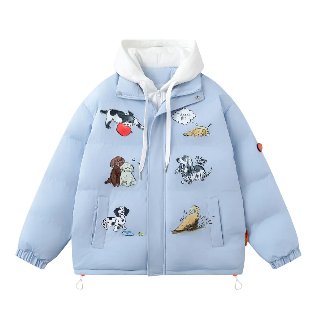 Puppy Fake Two-piece Hooded Cotton Jacket Men's And Women's Cotton-padded Clothes - Light Blue