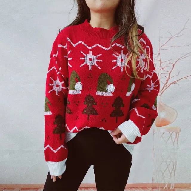 Women's Fashion Christmas Round Neck Long Sleeve Sweater Red - Shop at LoveMi