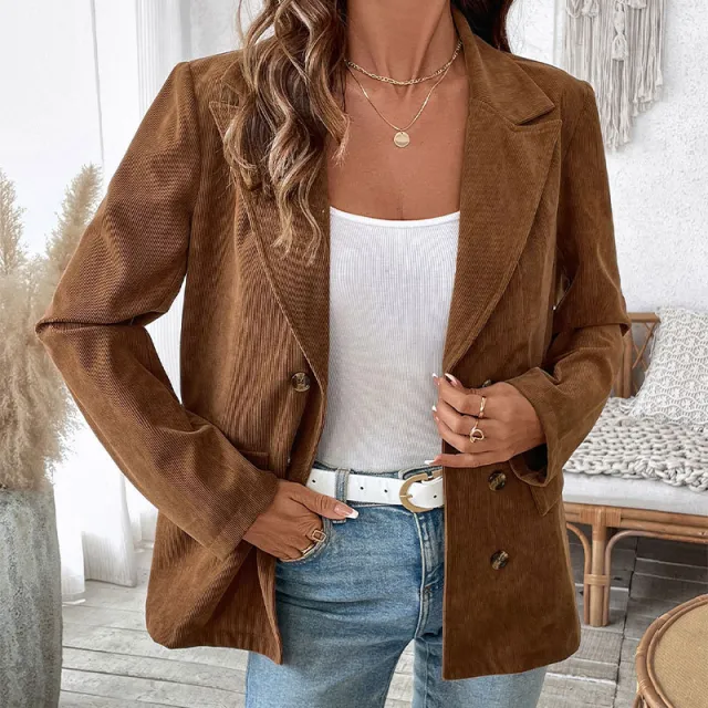 European And American Autumn And Winter Women's Solid Color Corduroy Suit Jacket Women Coffee Brown - Shop at LoveMi