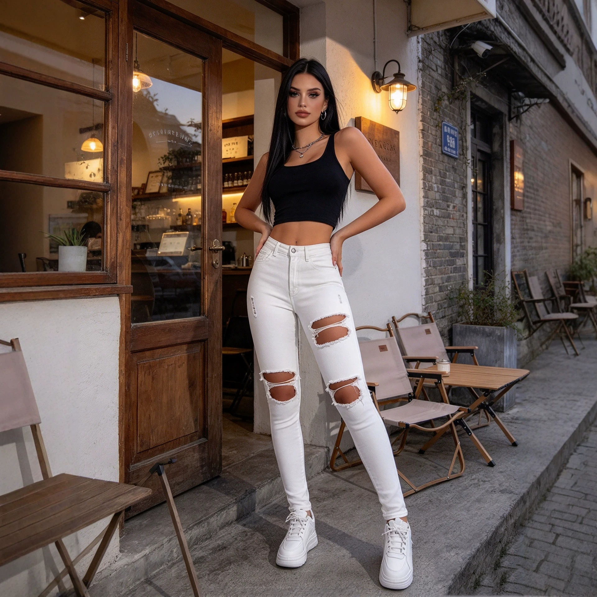 Front view of white skinny jeans showing open distressed rips at the thighs and knees