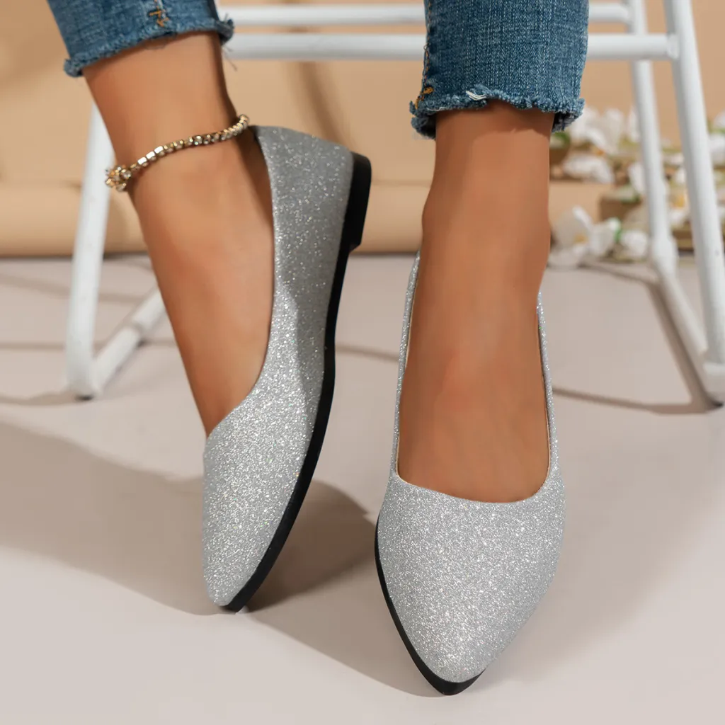 Solid Colour Pointed Toe Flat Bottom Flat Heel Soft Bottom Casual Breathable Women's Pumps - Silver