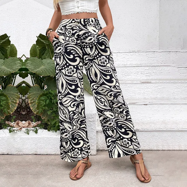Floral Printed Trousers Women's High Waist Straight Black - Shop at LoveMi