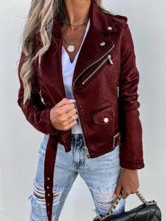Jacket Top PU Leather Coat Short Zipper - Wine Red - View 1
